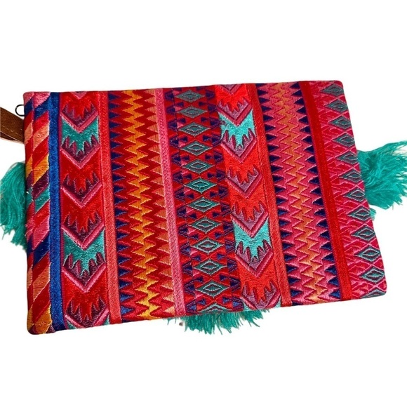 Ethnic Boho Large Clutch Suede Wristlet Bag Handmade Embroidery Tassels Indi NEW - Picture 10 of 16
